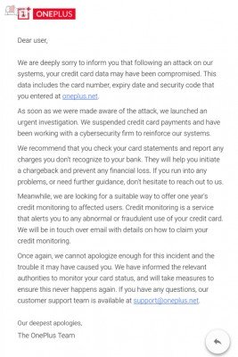 An email sent out to OnePlus customers