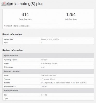 Moto G8 Plus in the Geekbench 5 database
