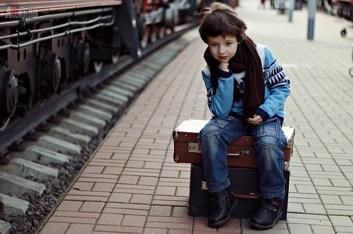 Boy, Suitcase, Sitting, European Boy